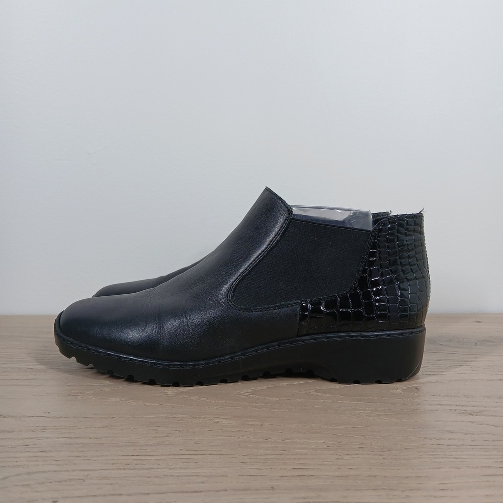 Rieker Ankle Boots Women 8 Black Leather Slip On Wedge Lug Sole Comfort Bootie